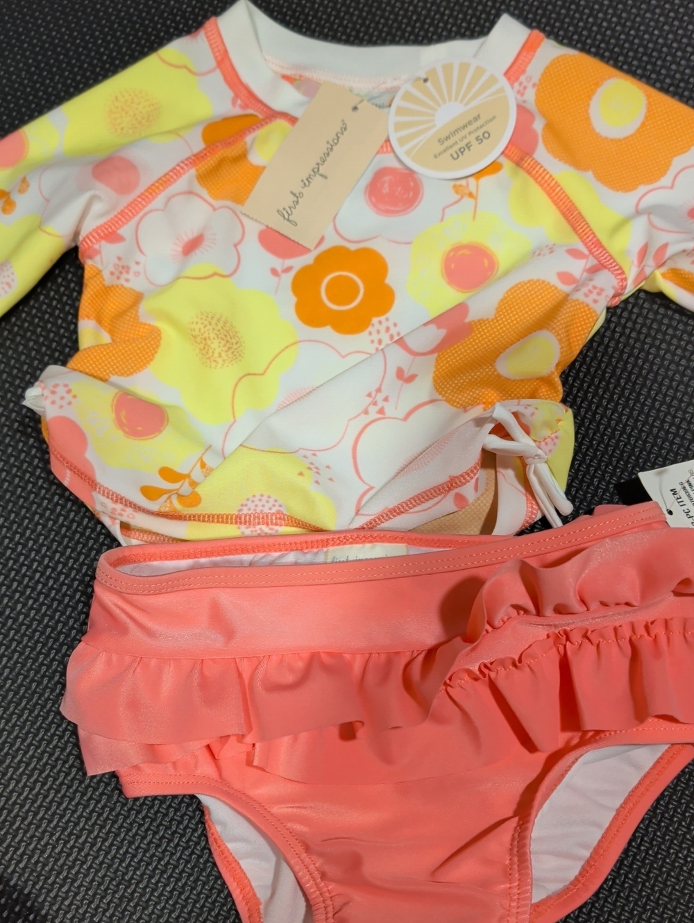 Kids Floral Long-Sleeve Rash Guard & Coral Ruffle Bikini Bottoms - Yellow/Coral